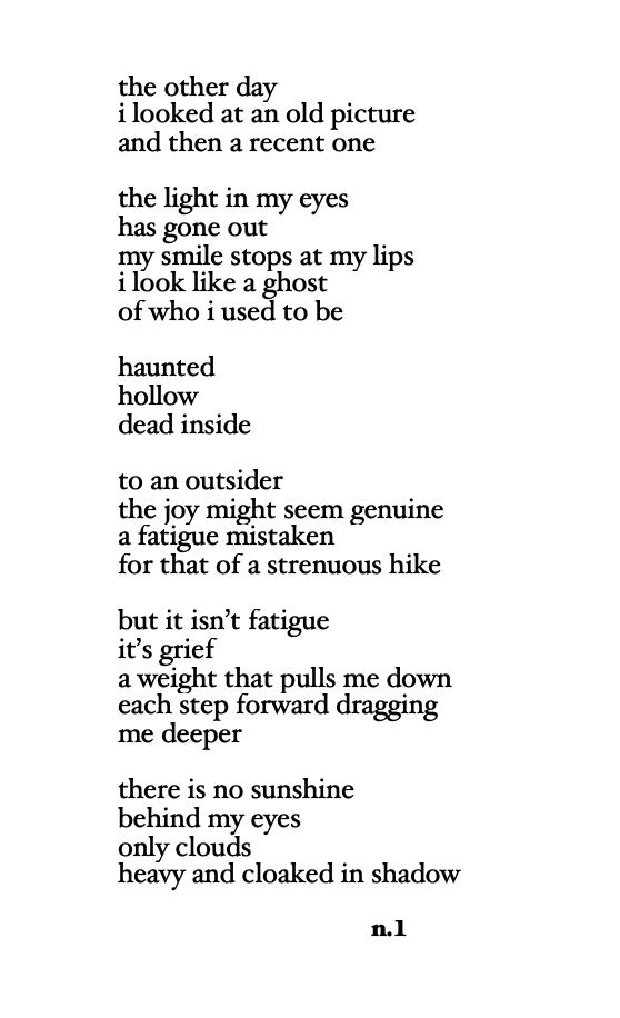 black text on a white background in a typewriter style font. a poem about fatigue from grief, not the physical fatigue, but a mental fatigue that only the writer can see. 